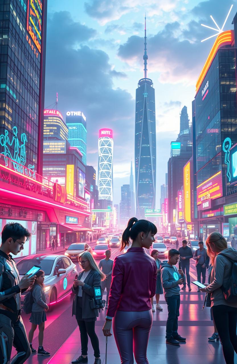 A futuristic cityscape showcasing the evolution of technology with advanced innovations in digital interfaces, autonomous vehicles, and smart buildings