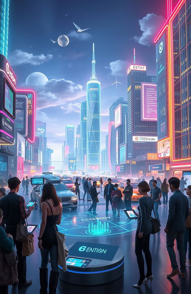 A futuristic cityscape showcasing the evolution of technology with advanced innovations in digital interfaces, autonomous vehicles, and smart buildings