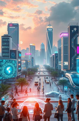 A futuristic cityscape showcasing the evolution of technology with advanced innovations in digital interfaces, autonomous vehicles, and smart buildings