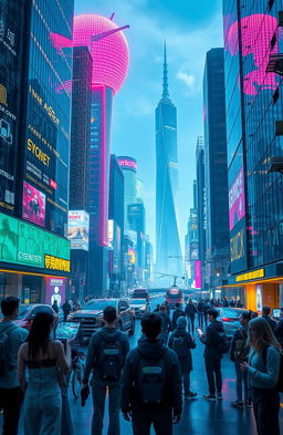 A futuristic cityscape showcasing the evolution of technology with advanced innovations in digital interfaces, autonomous vehicles, and smart buildings