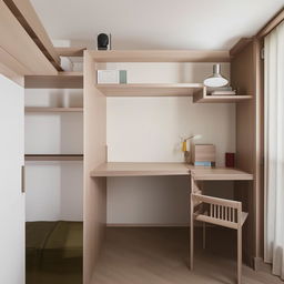 A compact yet comfortable bedroom with a study area including a desk, chair, lamp, and bookshelves, seamlessly integrated into the space