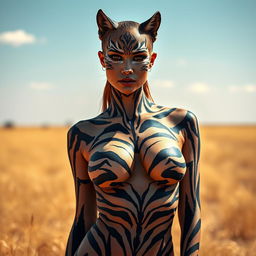 A captivating image of a woman wearing body paint, where the nipple is prominently visible yet tastefully covered in paint