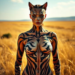 A captivating image of a woman wearing body paint, where the nipple is prominently visible yet tastefully covered in paint