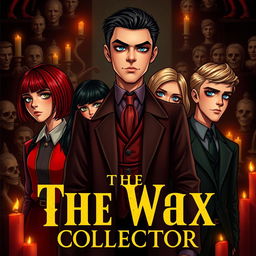 A book cover design for 'The Wax Collector' featuring five characters: a girl with a bob haircut and striking red hair, a blonde girl with long hair, two guys (one with black hair and the other with light brown hair), and an additional boy with a tall and slender build