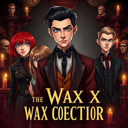 A book cover design for 'The Wax Collector' featuring five characters: a girl with a bob haircut and striking red hair, a blonde girl with long hair, two guys (one with black hair and the other with light brown hair), and an additional boy with a tall and slender build