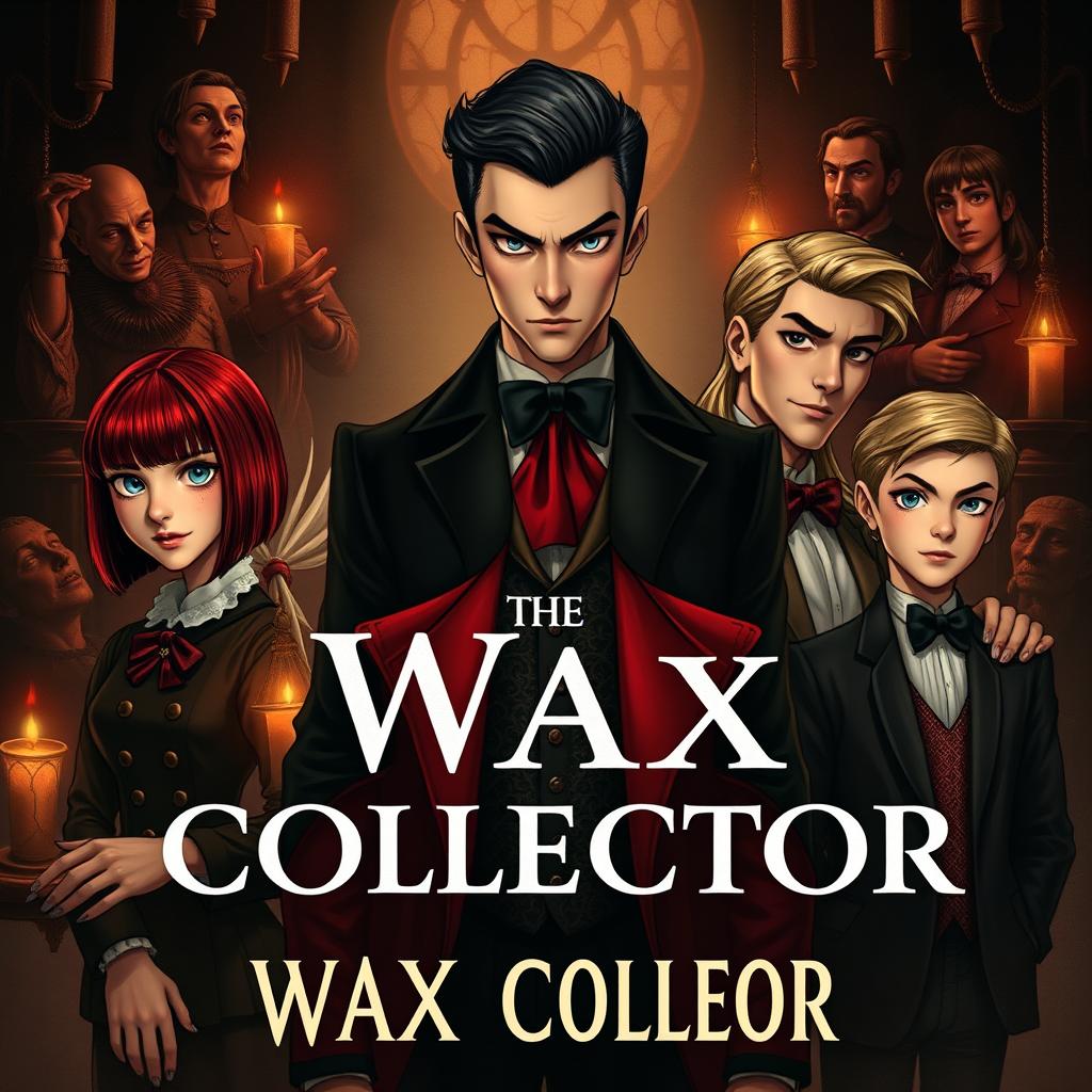 A book cover design for 'The Wax Collector' featuring five characters: a girl with a bob haircut and striking red hair, a blonde girl with long hair, two guys (one with black hair and the other with light brown hair), and an additional boy with a tall and slender build