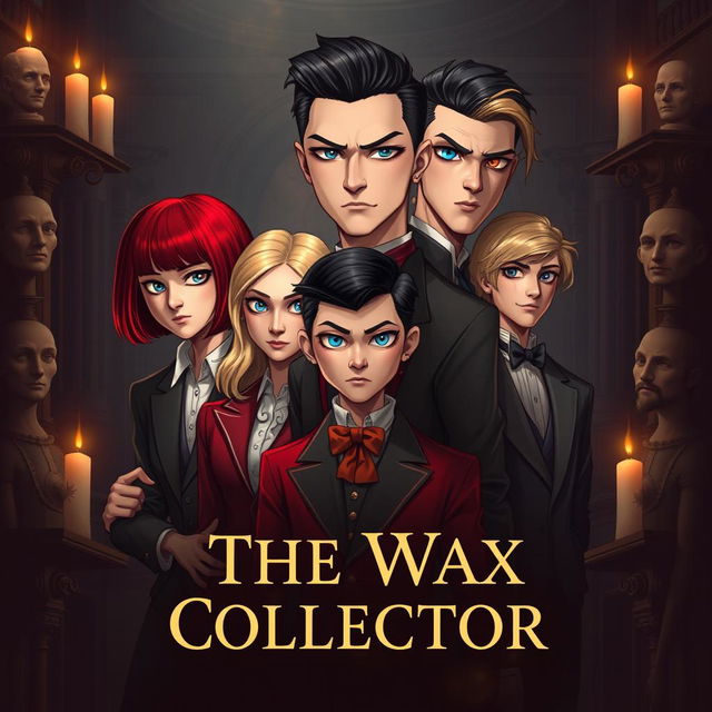 A book cover design for 'The Wax Collector' featuring five characters: a girl with a bob haircut and striking red hair, a blonde girl with long hair, two guys (one with black hair and the other with light brown hair), and an additional boy with a tall and slender build