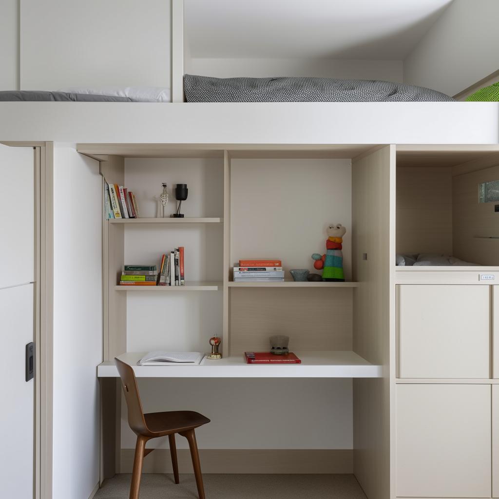 A compact yet comfortable bedroom with a study area including a desk, chair, lamp, and bookshelves, seamlessly integrated into the space