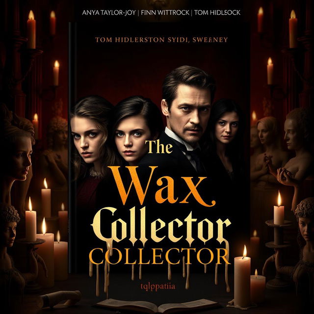 A haunting and intriguing book cover design for 'The Wax Collector', featuring Anya Taylor-Joy, Finn Wittrock, Tom Hiddleston, and Sydney Sweeney