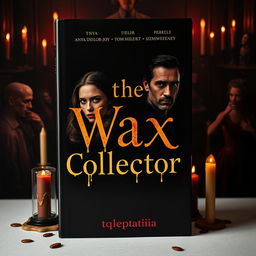 A haunting and intriguing book cover design for 'The Wax Collector', featuring Anya Taylor-Joy, Finn Wittrock, Tom Hiddleston, and Sydney Sweeney