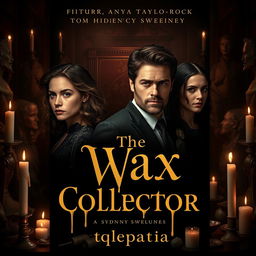A haunting and intriguing book cover design for 'The Wax Collector', featuring Anya Taylor-Joy, Finn Wittrock, Tom Hiddleston, and Sydney Sweeney