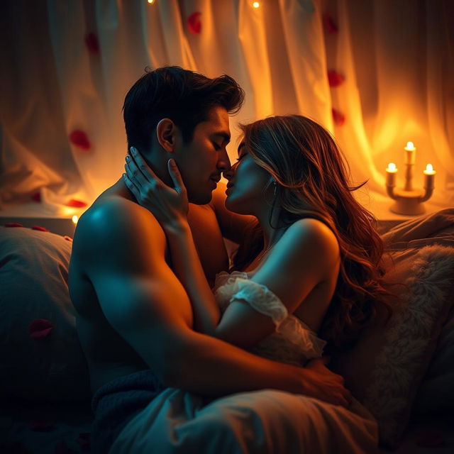 A sensual and intimate scene featuring a romantic setting, where two adults are engaged in a passionate moment