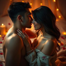 A sensual and intimate scene featuring a romantic setting, where two adults are engaged in a passionate moment