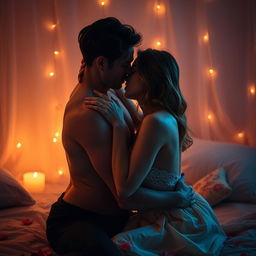 A sensual and intimate scene featuring a romantic setting, where two adults are engaged in a passionate moment