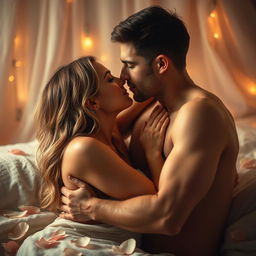 A sensual and intimate scene featuring a romantic setting, where two adults are engaged in a passionate moment