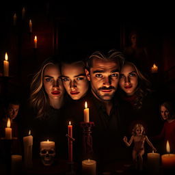 A haunting and intriguing image of a book cover design, featuring Anya Taylor-Joy, Finn Wittrock, Tom Hiddleston, and Sydney Sweeney