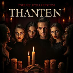 A haunting and intriguing image of a book cover design, featuring Anya Taylor-Joy, Finn Wittrock, Tom Hiddleston, and Sydney Sweeney