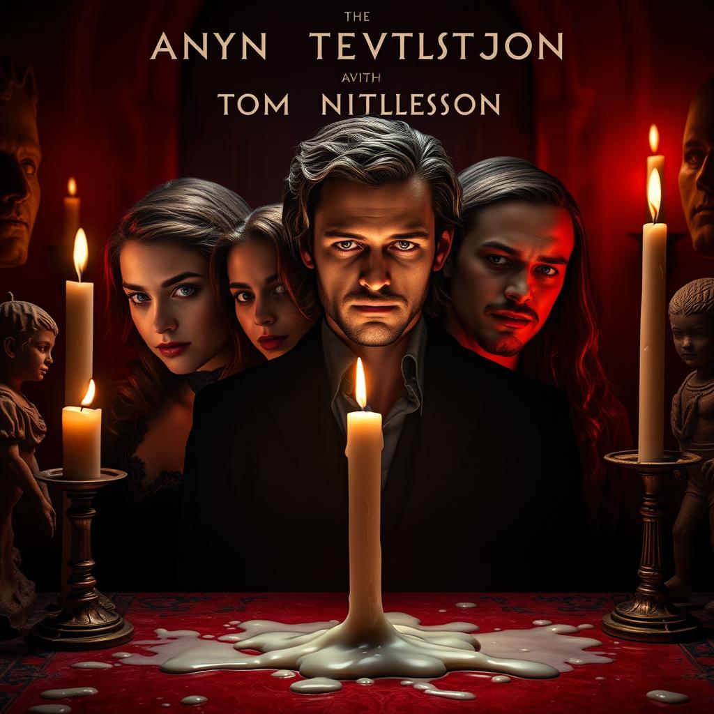 A haunting and intriguing image of a book cover design, featuring Anya Taylor-Joy, Finn Wittrock, Tom Hiddleston, and Sydney Sweeney