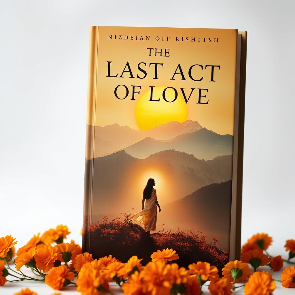 Book cover for 'The Last Act of Love' featuring a serene rising sun illuminating a picturesque mountain landscape inspired by the mountains of Rishikesh