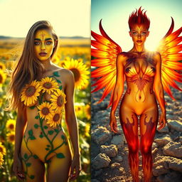 A stunning diptych featuring two women in vibrant body paint