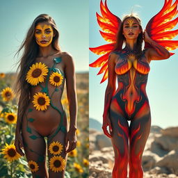 A stunning diptych featuring two women in vibrant body paint