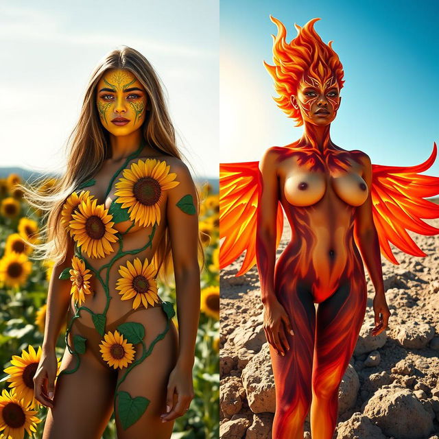 A stunning diptych featuring two women in vibrant body paint