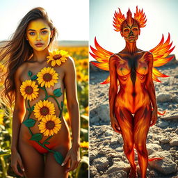 A stunning diptych featuring two women in vibrant body paint