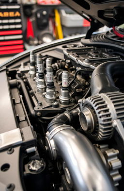 A detailed view of a modern automobile engine, showcasing intricate components such as the spark plugs, fuel injectors, intake manifold, and alternator