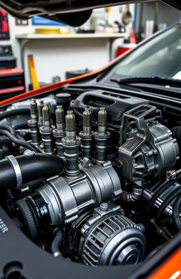 A detailed view of a modern automobile engine, showcasing intricate components such as the spark plugs, fuel injectors, intake manifold, and alternator