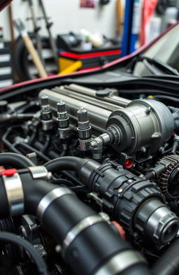 A detailed view of a modern automobile engine, showcasing intricate components such as the spark plugs, fuel injectors, intake manifold, and alternator