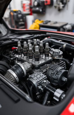 A detailed view of a modern automobile engine, showcasing intricate components such as the spark plugs, fuel injectors, intake manifold, and alternator