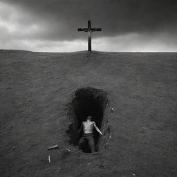 Generate an image portraying the resurrection of all people, rising from the ground amidst a surreal, stark landscape, encapsulating a sense of awe, fear, and uncertainty.