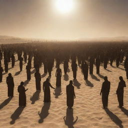 Generate an image depicting the gathering of all resurrected people in the sun-scorched, sandy plains of Mahshar. The sun, just a hand's breadth away, intensifies the heat and the surreal, awe-inspiring atmosphere of the scene.