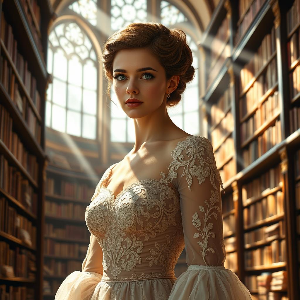 A character inspired by Emma Watson, featuring a sophisticated young woman with brown hair styled elegantly