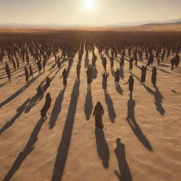 Generate an image depicting the gathering of all resurrected people in the sun-scorched, sandy plains of Mahshar. The sun, just a hand's breadth away, intensifies the heat and the surreal, awe-inspiring atmosphere of the scene.