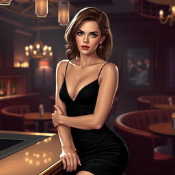 A sultry interpretation of a female character inspired by Emma Watson, featuring a confident young woman with stylish brunette hair and striking features
