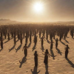 Generate an image depicting the gathering of all resurrected people in the sun-scorched, sandy plains of Mahshar. The sun, just a hand's breadth away, intensifies the heat and the surreal, awe-inspiring atmosphere of the scene.