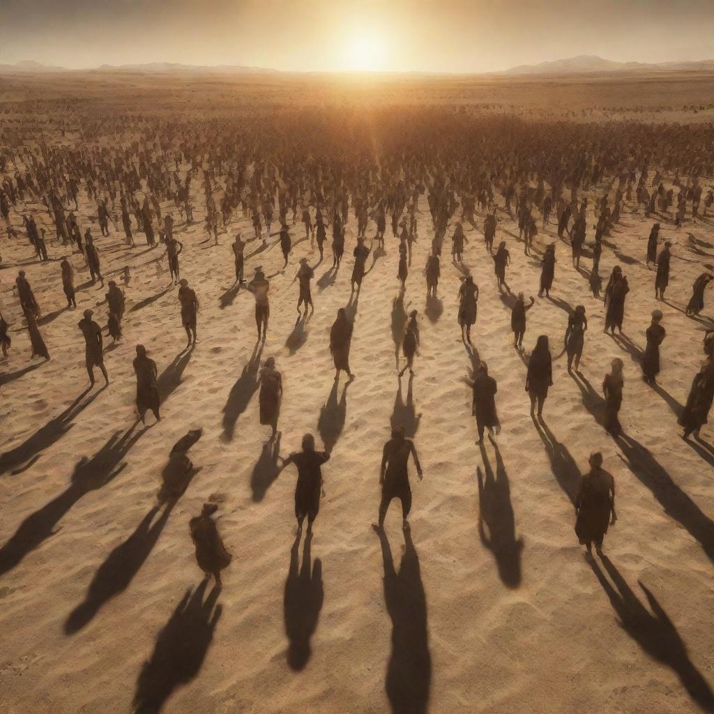 Generate an image depicting the gathering of all resurrected people in the sun-scorched, sandy plains of Mahshar. The sun, just a hand's breadth away, intensifies the heat and the surreal, awe-inspiring atmosphere of the scene.