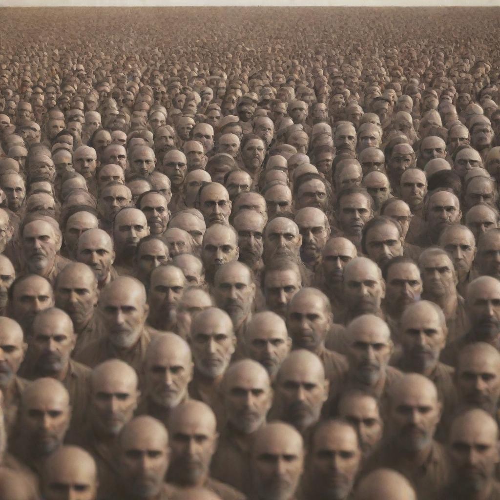 Generate an image depicting a sea of individual faces on the plains of Mahshar, each expressing deep introspection and contemplation about their own fate, capturing a poignant and intense moment.