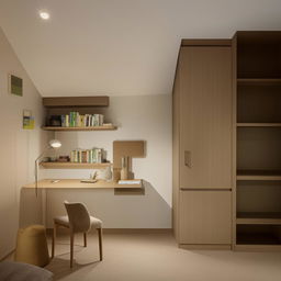 A compact yet comfortable bedroom with a study area including a desk, chair, lamp, and bookshelves, seamlessly integrated into the space