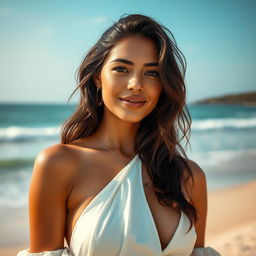 A stunning portrait of a beautiful Latin fashion model with a soft smile, captured in a dreamy editorial fashion magazine photoshoot