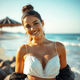 A stunning portrait of a beautiful Latin fashion model with a soft smile, captured in a dreamy editorial fashion magazine photoshoot