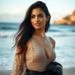 A stunning portrait of a beautiful Latin fashion model with a soft smile, captured in a dreamy editorial fashion magazine photoshoot
