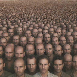 Generate an image depicting a sea of individual faces on the plains of Mahshar, each expressing deep introspection and contemplation about their own fate, capturing a poignant and intense moment.