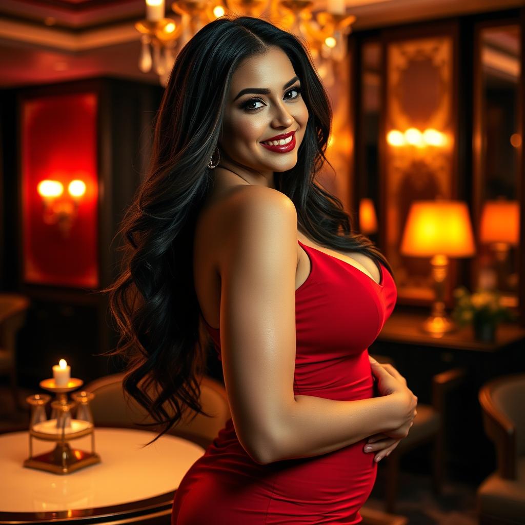 A stunning, voluptuous woman in a form-fitting, sexy red dress, confidently posing in an elegant atmosphere