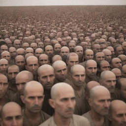 Generate an image depicting a sea of individual faces on the plains of Mahshar, each expressing deep introspection and contemplation about their own fate, capturing a poignant and intense moment.