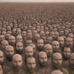 Generate an image depicting a sea of individual faces on the plains of Mahshar, each expressing deep introspection and contemplation about their own fate, capturing a poignant and intense moment.