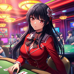 A strikingly beautiful character inspired by Yumeko Jabami, a high-stakes gambler with long, flowing ebony hair and captivating crimson eyes, dressed in a stylish red school uniform that accentuates her confidence and poise