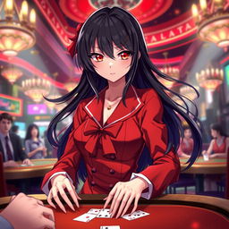 A strikingly beautiful character inspired by Yumeko Jabami, a high-stakes gambler with long, flowing ebony hair and captivating crimson eyes, dressed in a stylish red school uniform that accentuates her confidence and poise