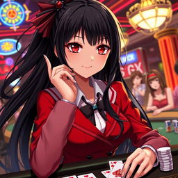 A strikingly beautiful character inspired by Yumeko Jabami, a high-stakes gambler with long, flowing ebony hair and captivating crimson eyes, dressed in a stylish red school uniform that accentuates her confidence and poise